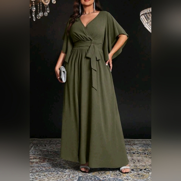 New Flowy Wrap Top Banded Belt Tie Waist Split Maxi Dress PLUS Olive Green - Picture 5 of 9